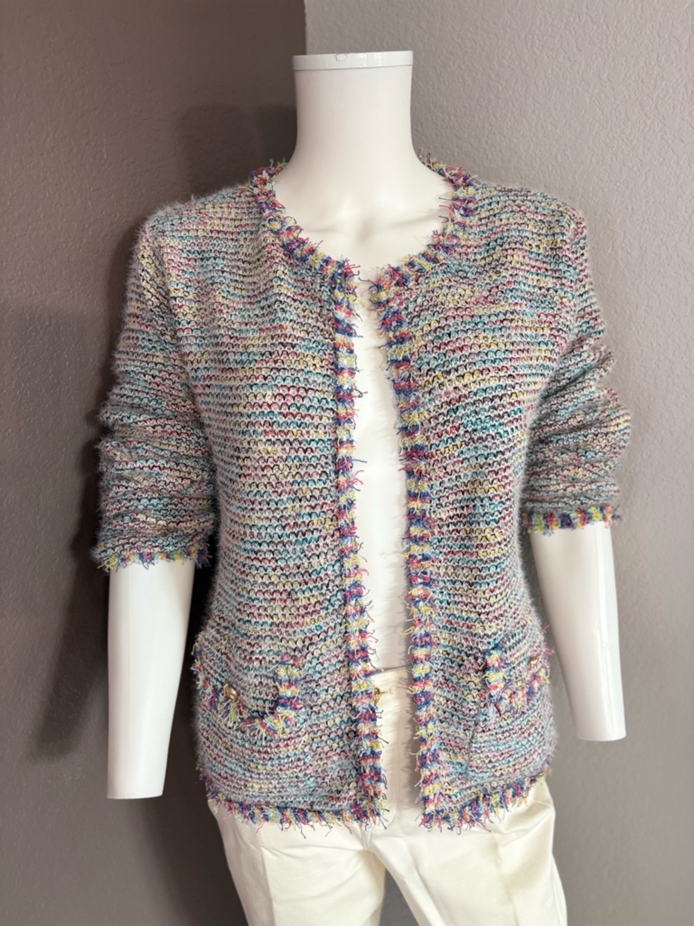 Sioni Multicolor Fringe-Trim Knit Cardigan